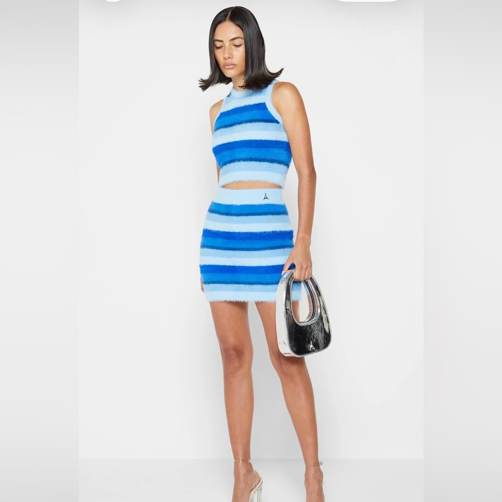 Maniere De Voir Blue Striped Crop Top and Skirt Set